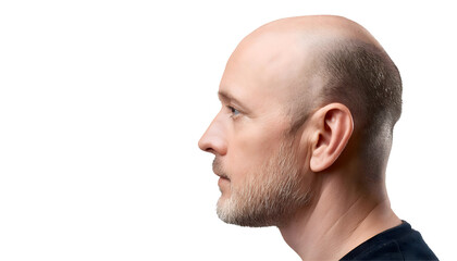Fototapeta premium Portrait of a bald man head side view, isolated on transparent background
