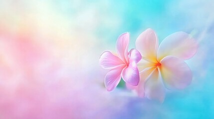 Two Pastel Plumeria Flowers Softly Bloom Against a Dreamy Background