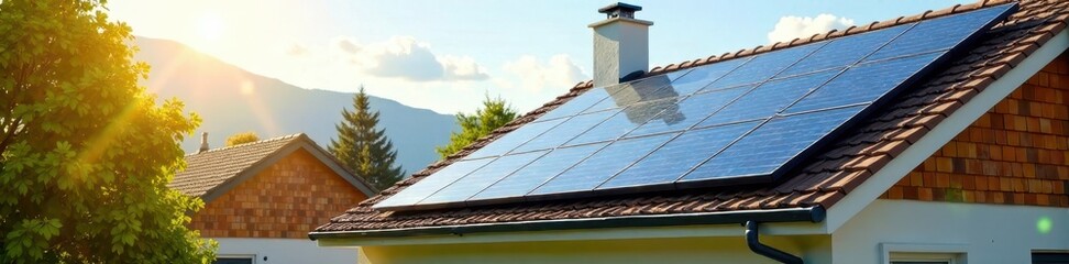 Obraz premium Residential solar panels on garage roof, clean energy , solar power system, residential solar