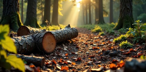 Scattered dry branches and logs after logging, cleanup operation, decay