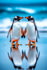 Fototapeta premium Two penguins standing next to each other on a beach