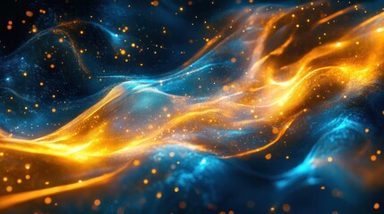 Obraz premium Abstract blue and orange glowing energy waves with particles.
