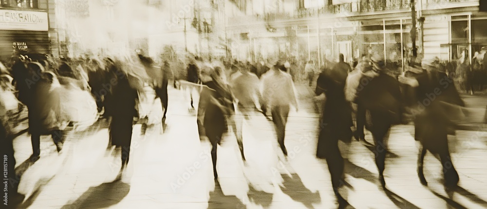 Poster Blurred image of a large crowd of anonymous commuters and pedestrians rushing through a busy city street capturing the fast paced dynamic energy of an urban environment