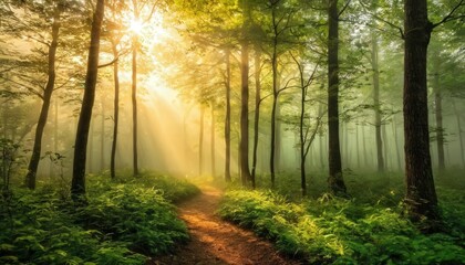 Fototapeta premium Sunlight filters through trees illuminating a peaceful forest path in the early morning hours