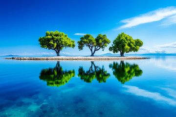Three trees are reflected in the water of a lake