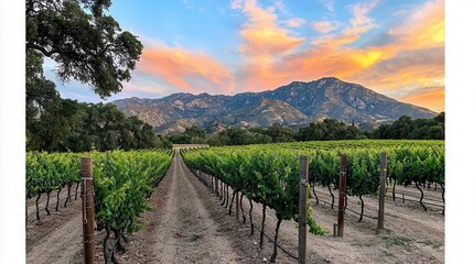 Fototapeta premium Vineyard Landscape at Sunset Mountain View Rows of Vines