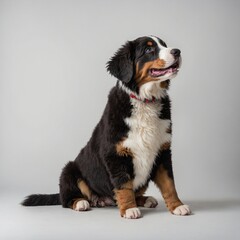"A playful Bernese mountain dog puppy sitting on a pure white background."