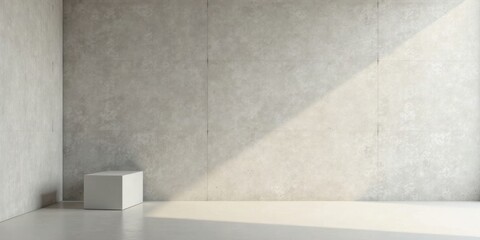 Minimalist interior scene featuring a blank white cube on a polished floor against a textured wall with sunlight streaming in