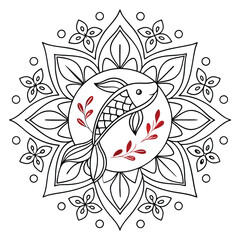 Fototapeta premium Koi Fish Mandala Coloring Page: Intricate Floral Design, Asian Art, Relaxation, Zentangle Style, Printable Fish Art Therapy for Adults & Kids