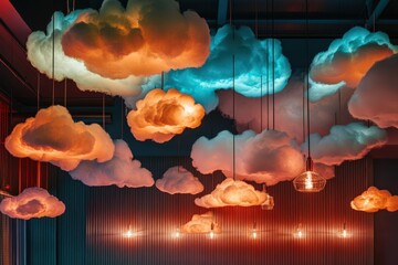 Illuminated Cloud Shaped Pendant Lights Adorn A Room