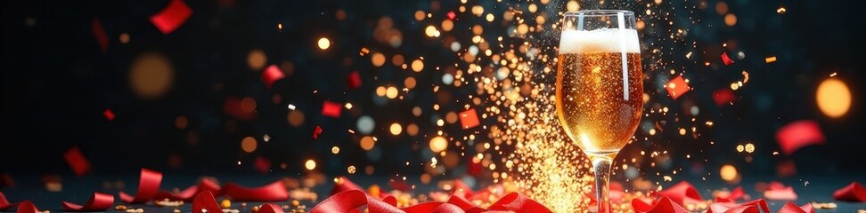 Exploding champagne, vibrant confetti & ribbons burst , glitter, illustration