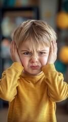 Upset Little Boy Covering His Ears Due to Loud Noises in Preschool. Generative AI