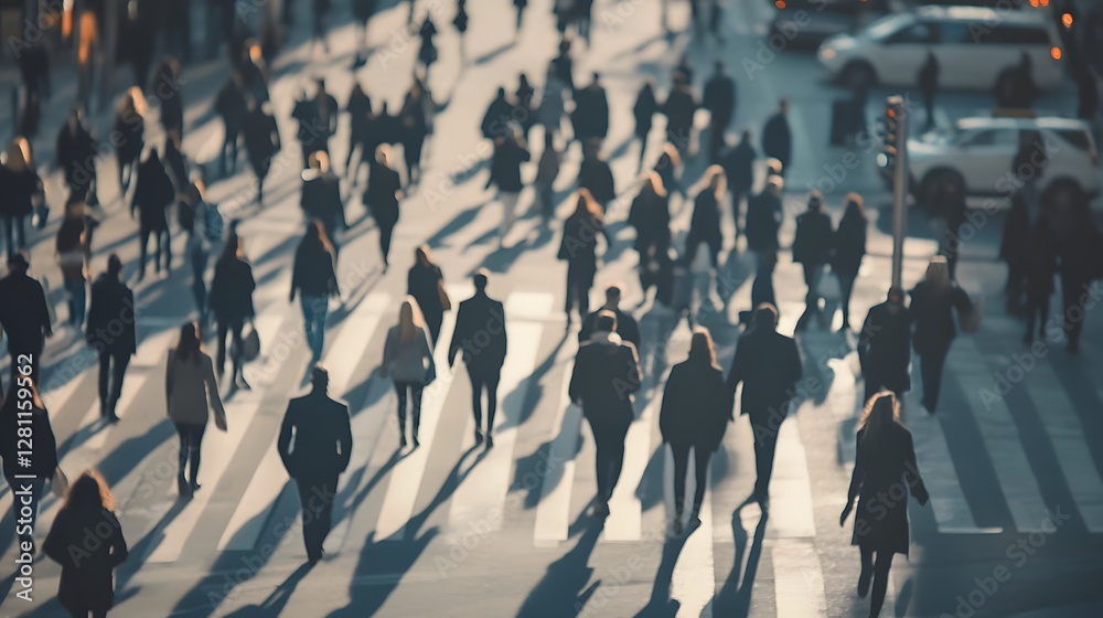 Poster Blurred image of an anonymous crowd of people walking rushing and commuting on a busy urban city street during rush hour  The motion and momentum of the commuters creates a sense of a fast paced