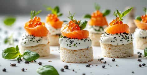 Elegant culinary presentation of salmon and cream cheese appetizers garnished with fresh herbs and caviar on a light background