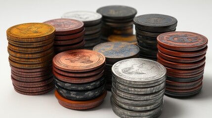 Stacks of weathered, aged coins in various metals and colors, arranged on a white background.