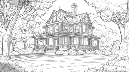 Obraz premium Black and white line art illustration of a charming old Victorian house with a large front porch, surrounded by trees, designed as a coloring book page. Featuring simple, clean lines with no shading, 