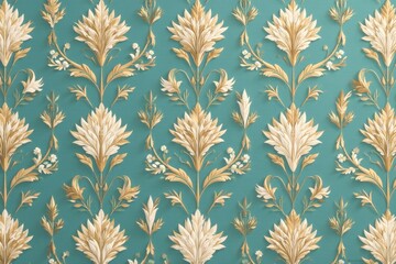 Elegant Teal and Gold Floral Damask Wallpaper Design Featuring Intricate Leaf and Flower Motifs in a Repeating Pattern Ideal for Interior Decoration Projects