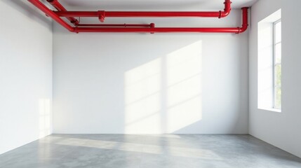 Empty Room with Bright Sunlight Streaming Through a Window and Red Pipes