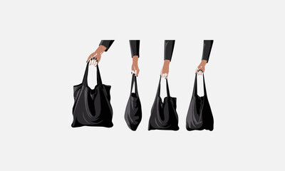 A modern vector illustration set of black cloth tote bags, easily editable. Hand Drawn Shopping Bag Icon Vector,