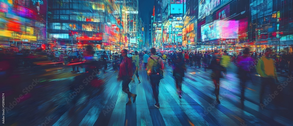 Poster blurred lights and crowds of commuters in a vibrant fast paced city nightscape bustling metropolis w