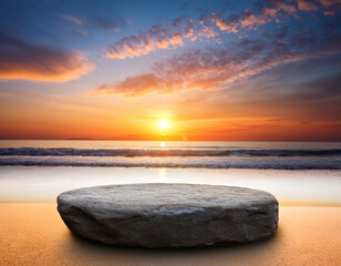 Blank rock podium stand on a tropical beach. Empty stone display platform on a white sand beach with sunrise or sunset sky. Minimalist coastal scene for product display, mockups, and relaxing themes.