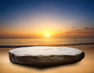 Blank rock podium stand on a tropical beach. Empty stone display platform on a white sand beach with sunrise or sunset sky. Minimalist coastal scene for product display, mockups, and relaxing themes.