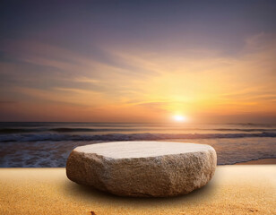 Blank rock podium stand on a tropical beach. Empty stone display platform on a white sand beach with sunrise or sunset sky. Minimalist coastal scene for product display, mockups, and relaxing themes.
