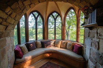 Charming reading nook inside a castle turret with curved windows and plush seating