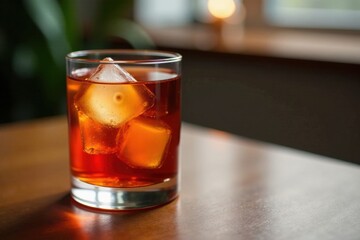 A refreshing amber beverage in a rocks glass, featuring ice cubes melting slowly, rests on a polished wooden surface in soft light.