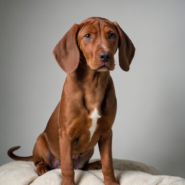 "A redbone coonhound puppy standing with floppy ears on a pure white background."