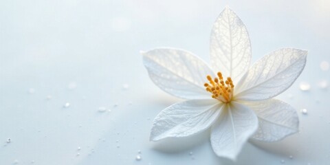 Serene White Blossom with Delicate Petals and Golden Center on a Smooth Surface with Water Droplets