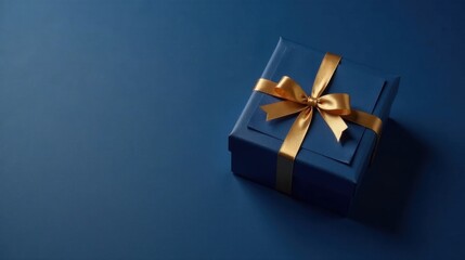 A luxuriously wrapped present, a deep blue box adorned with a golden ribbon, sits on a matching backdrop, suggesting elegance and sophistication for a special occasion.