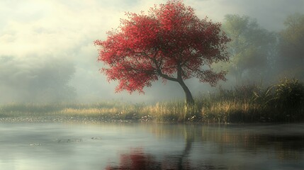 Red Tree Reflecting in Misty Lake at Dawn