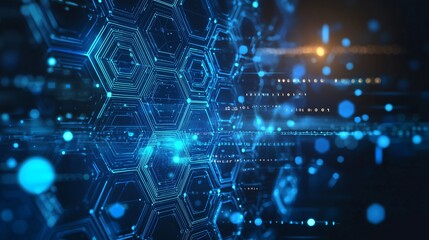 Obraz premium Futuristic medical background with glowing blue and white hexagonal grid. Digital healthcare theme, neon hi-tech aesthetics, ideal for modern medical branding.