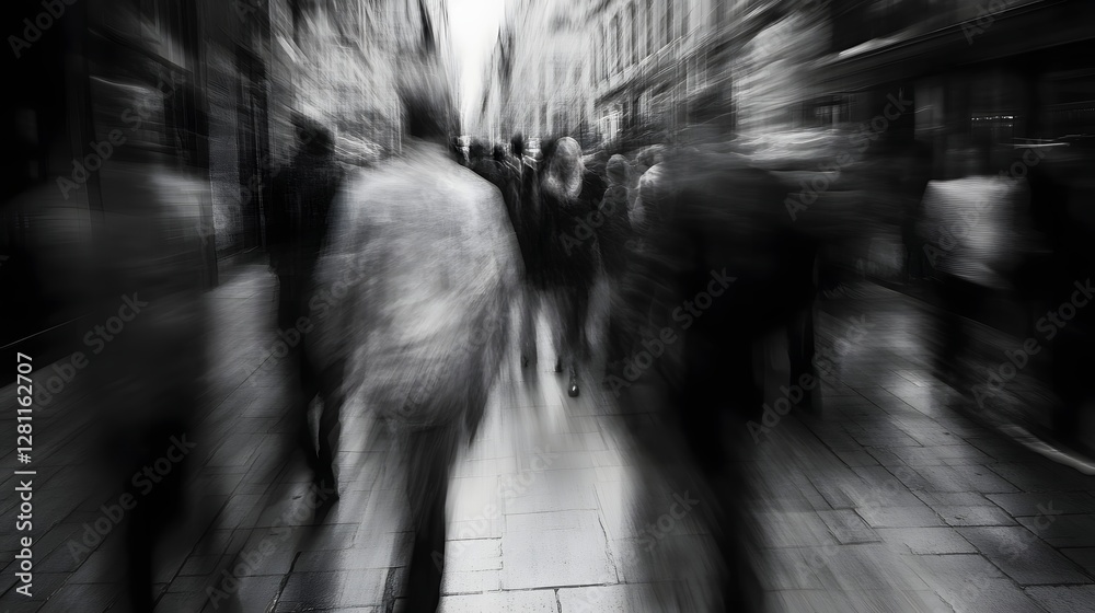 Poster Blurred motion blurred image of an anonymous crowd of people hurriedly walking along a busy city street with buildings in the background capturing the fast paced