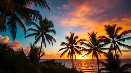 A beautiful tropical sunset featuring palm trees framing a vividly colorful ocean horizon, evoking a serene and tranquil feeling, perfectly capturing the magnificence of nature's twilight display.