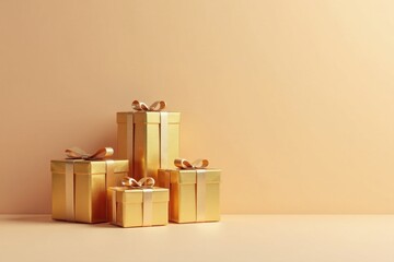 Elegant Golden Gift Boxes Arranged on a Neutral Background for Festive Occasions