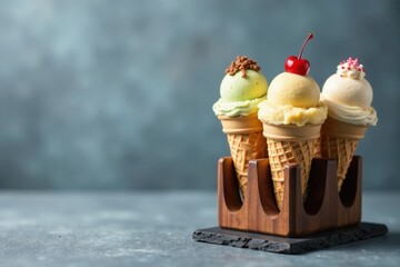 Three delectable ice cream cones, each with a unique flavor and topping, rest elegantly in a wooden holder, creating a visually appealing dessert arrangement.