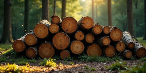 Golden hour sunlight illuminating a stack of freshly cut logs in a tranquil forest setting