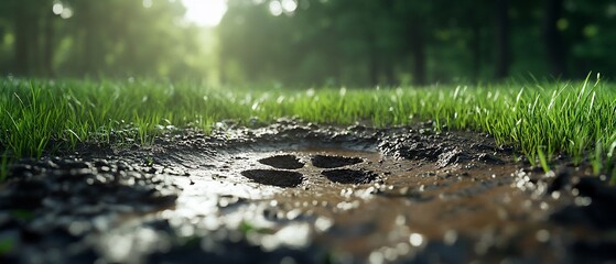 Fototapeta premium Paw print in mud puddle, green grass.