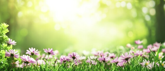 purple daisy flowers with blurred green forest