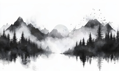A Chinese black and white landscape painting
