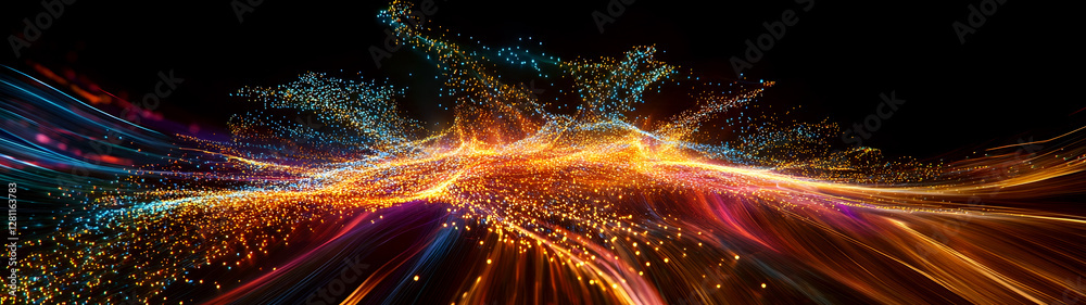 Aufkleber Blurred motion energy and light trails in a vibrant colorful and captivating abstract digital artwork  The image features a dynamic kinetic display of luminous