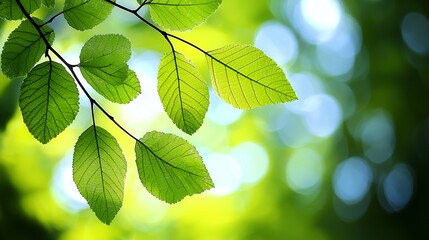 Vibrant Green Leaves on Branch Sunlight Bokeh Background