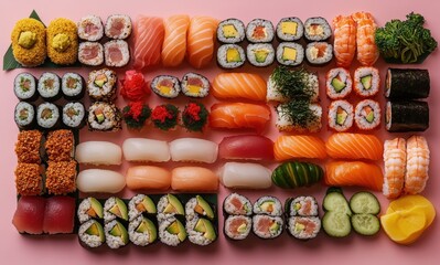 Exquisite Arrangement of Colorful Sushi Varieties on a Vibrant Background Showing Tradition and Culinary Artistry in Japanese Cuisine