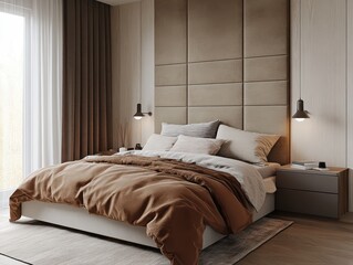 This bedroom boasts a serene and modern minimalist design