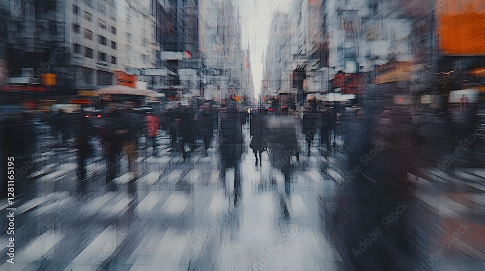 Aufkleber blurred motion image of a busy fast paced urban city street filled with a crowd of commuting pedestr