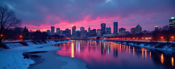 Fototapeta premium Edmonton's winter dusk skyline, icy river reflects city lights , winter, downtown core, alberta