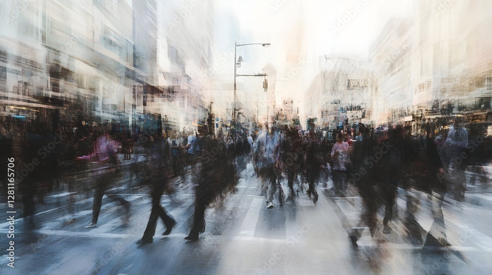 Poster Blurred motion image of a crowded city street with a large group of people commuting and walking during a busy rush hour in an urban metropolitan environment  The scene shows the fast paced