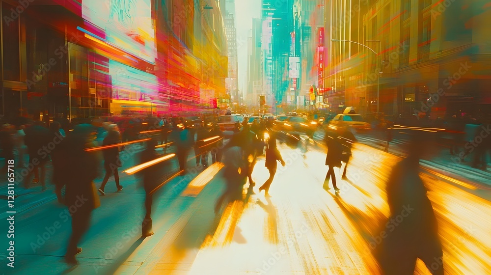 Leinwandbilder blurred motion image of a crowd of pedestrians navigating a busy fast paced city street with vibrant